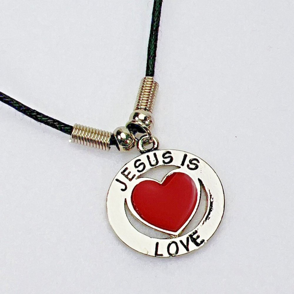 Jesus is Love Necklace Cord Red Heart Silver Tone Enamel Religious Communion